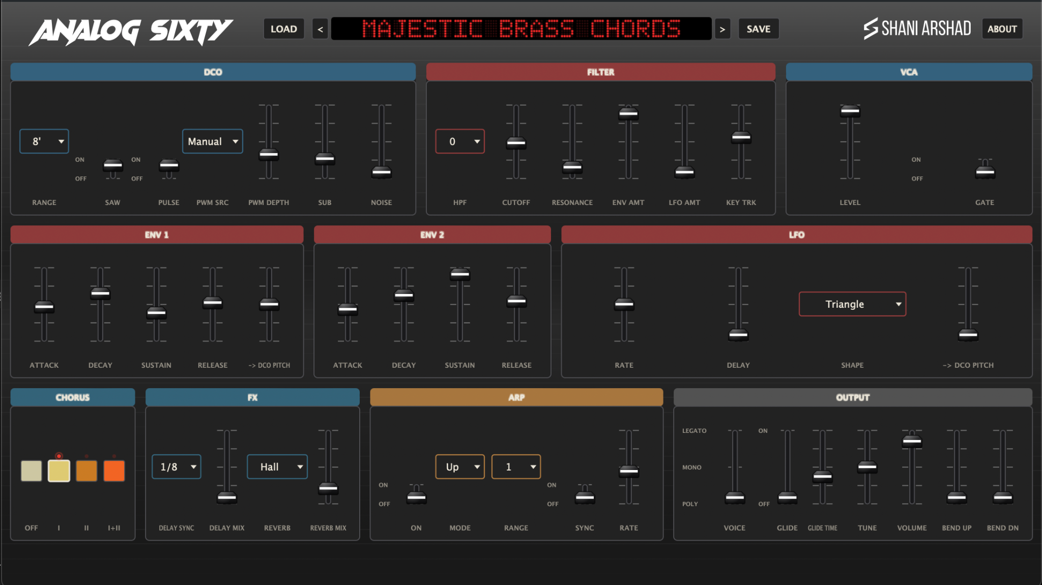 Analog Sixty updated synthesizer interface with FX, chorus and arpeggiator